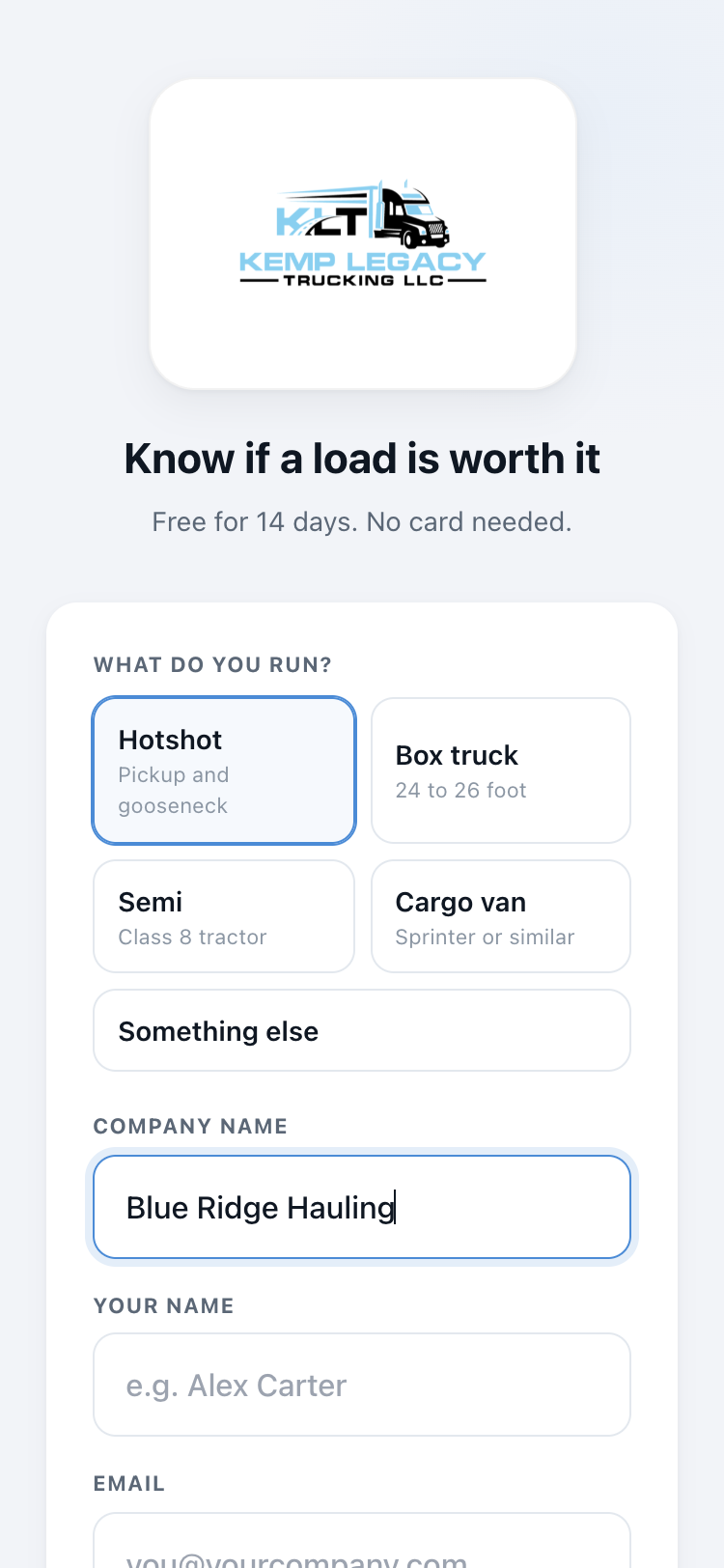 The company sign-up form
