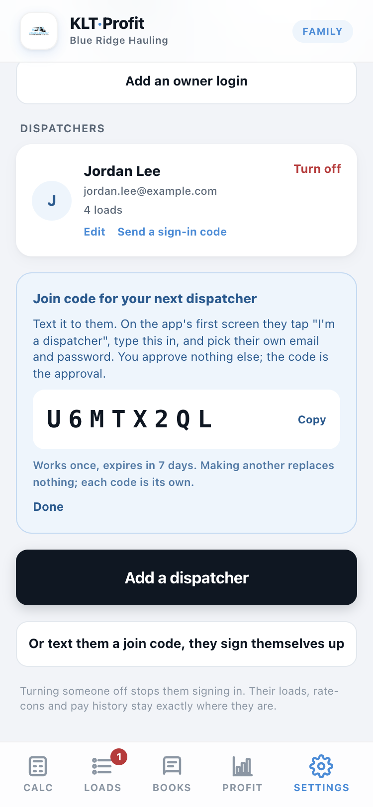 The Team tab showing a join code to text