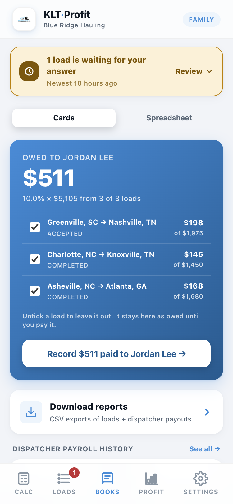 The Books tab showing what is owed