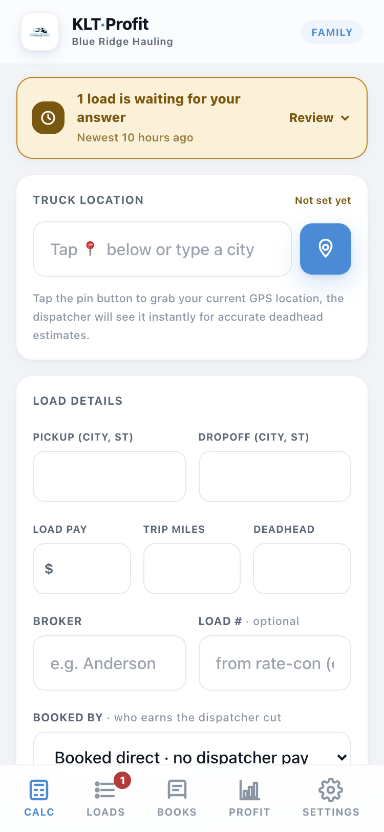 The truck location card with the pin button