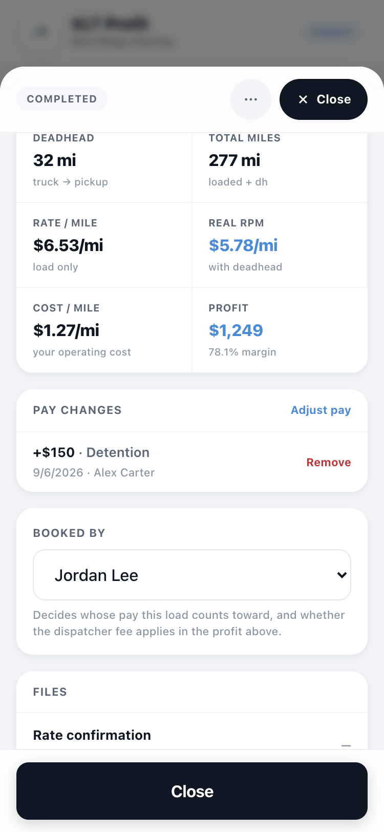The pay changes card on a load